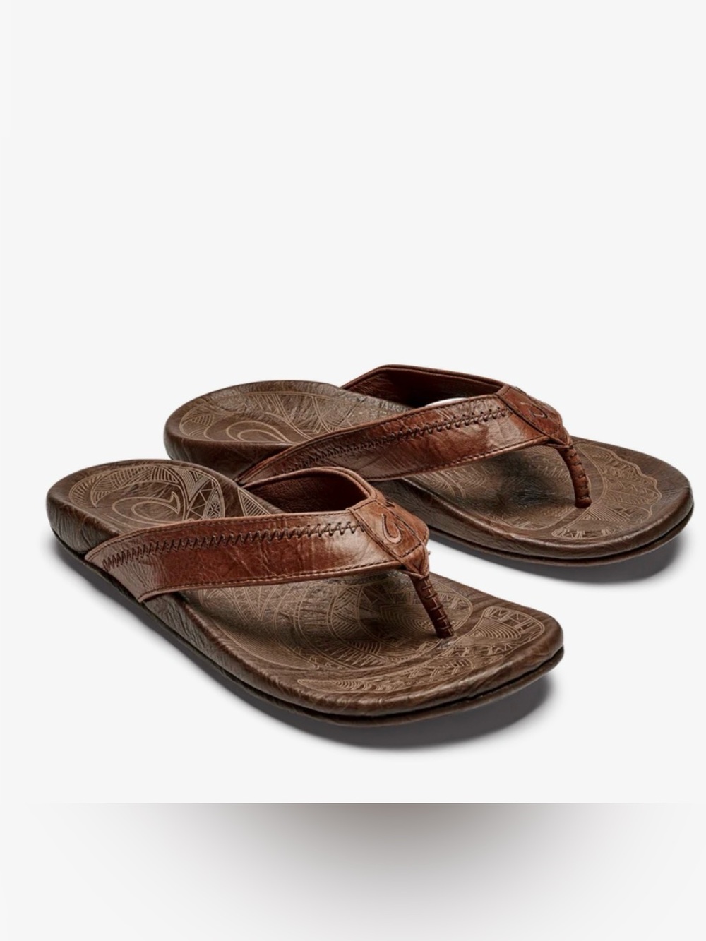 *New Olukai Mens Size 13 Hiapo Brown Marble Full Grain Leather Beach Sandals